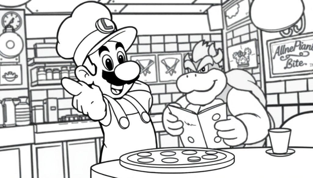 Luigi in Kochmütze deutet auf einen Koopaling, der ein Buch liest, vor einem Pizzabackblech.