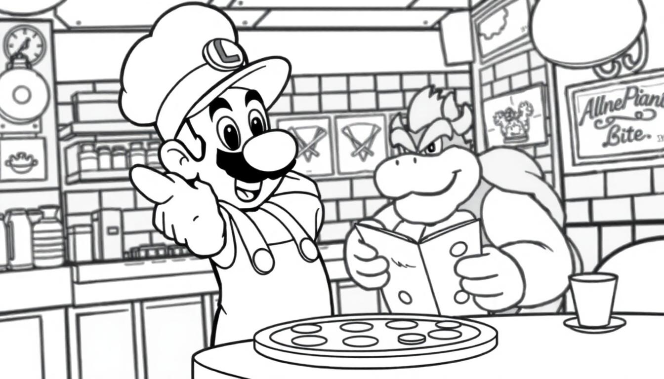 Luigi in Kochmütze deutet auf einen Koopaling, der ein Buch liest, vor einem Pizzabackblech.