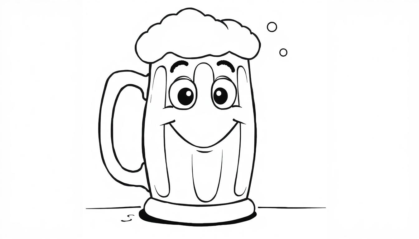 Eine schwarz-weiße Farbtafel eines Cartoon-Bierglases mit einem freundlichen Gesicht.