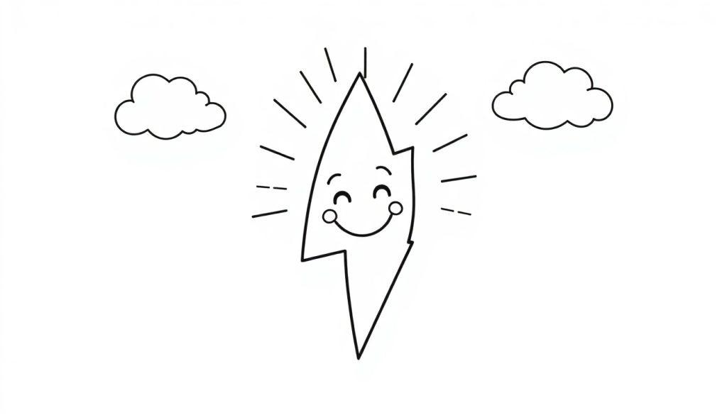 Eine Schwarz-Weiß-Farbtafel mit einem lächelnden Cartoon-Blitz zwischen zwei Wolken.