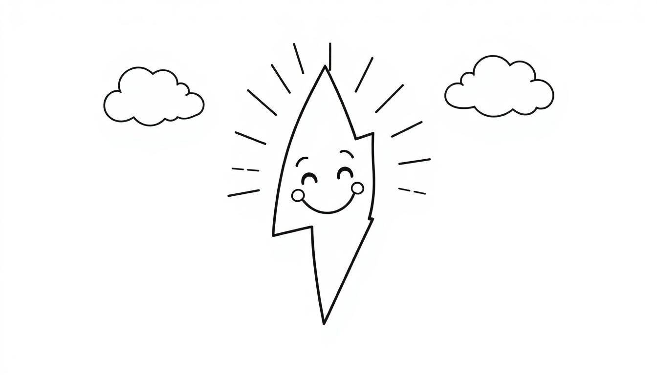 Eine Schwarz-Weiß-Farbtafel mit einem lächelnden Cartoon-Blitz zwischen zwei Wolken.