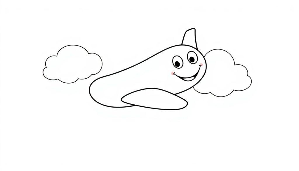 Fröhliches Cartoon-Flugzeug als Farbtafel fliegt zwischen Wolken.