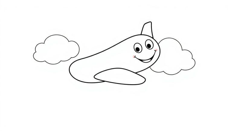 Fröhliches Cartoon-Flugzeug als Farbtafel fliegt zwischen Wolken.