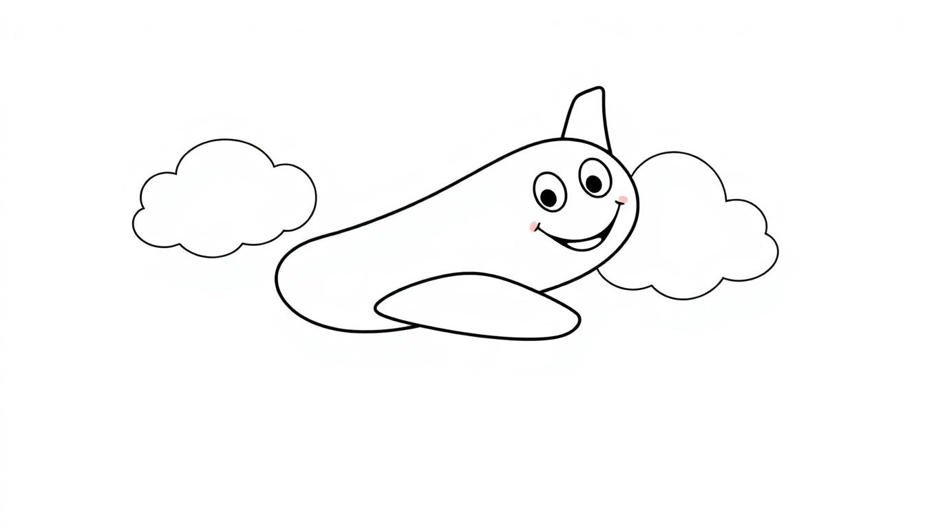 Fröhliches Cartoon-Flugzeug als Farbtafel fliegt zwischen Wolken.