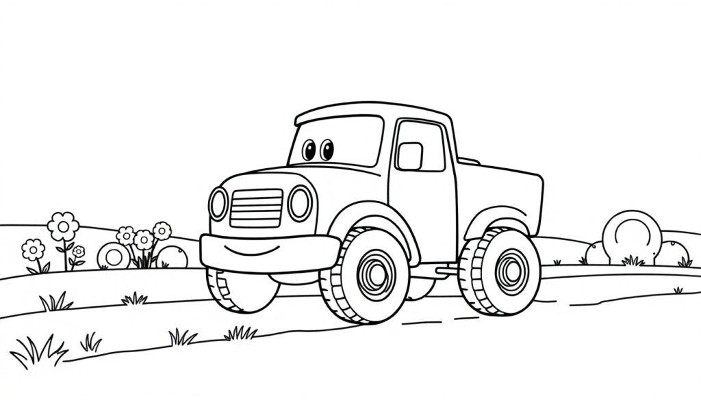 Ein lächelndes Cartoon-Auto als Ausmalbild, bereit zum Bemalen, mit Blumen und Büschen in einer ländlichen Umgebung.
