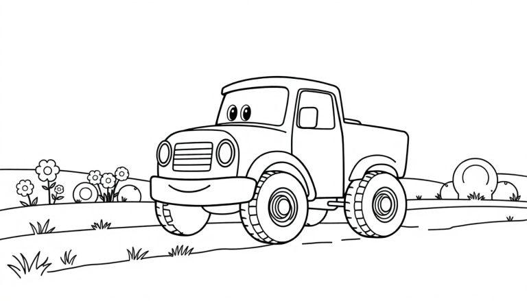 Ein lächelndes Cartoon-Auto als Ausmalbild, bereit zum Bemalen, mit Blumen und Büschen in einer ländlichen Umgebung.