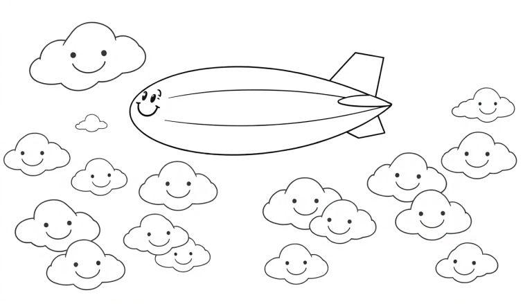 Ein lächelnder Schwarz-Weiß-Zeppelin schwebt über freundlich lächelnden Schwarz-Weiß-Wolken, eine kindliche Farbtafel.