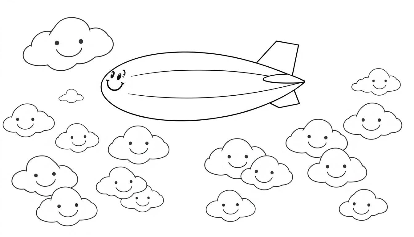 Ein lächelnder Schwarz-Weiß-Zeppelin schwebt über freundlich lächelnden Schwarz-Weiß-Wolken, eine kindliche Farbtafel.