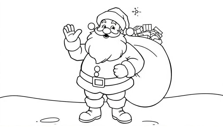 Schwarz-weiße Farbtafel: Der Weihnachtsmann winkt fröhlich mit einem Geschenkesack auf einer verschneiten Fläche.