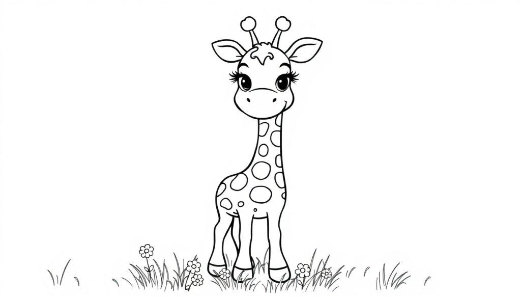 Comic-Stil Giraffe Farbtafel Umriss mit großen Augen, langen Wimpern, gefleckt mit Kreisen, steht auf einer Wiese mit Gänseblümchen.