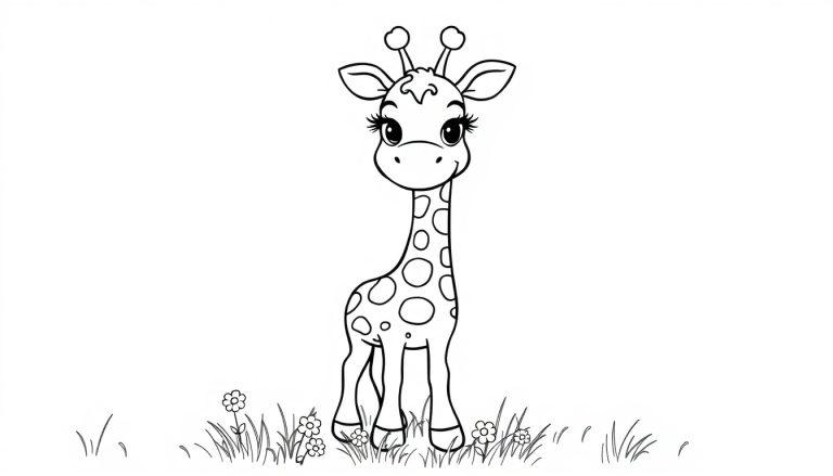 Comic-Stil Giraffe Farbtafel Umriss mit großen Augen, langen Wimpern, gefleckt mit Kreisen, steht auf einer Wiese mit Gänseblümchen.