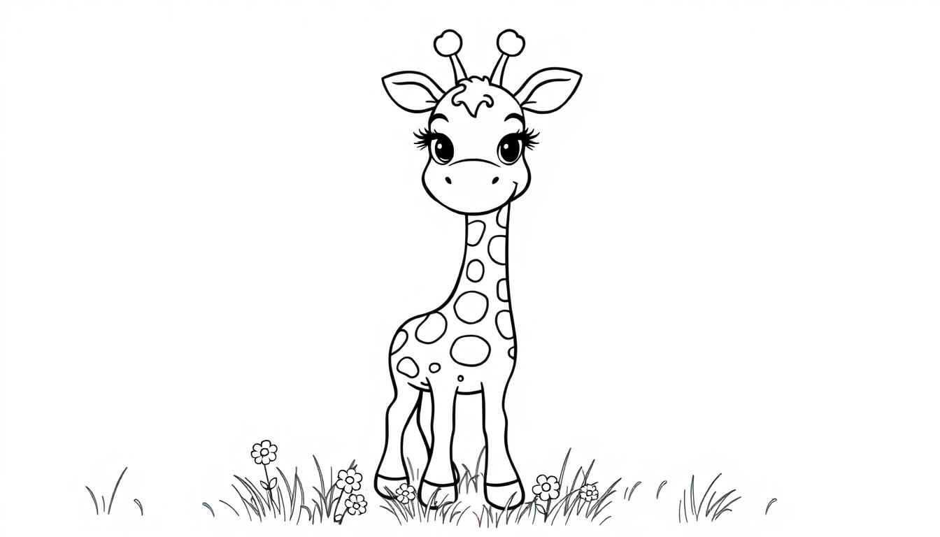 Comic-Stil Giraffe Farbtafel Umriss mit großen Augen, langen Wimpern, gefleckt mit Kreisen, steht auf einer Wiese mit Gänseblümchen.
