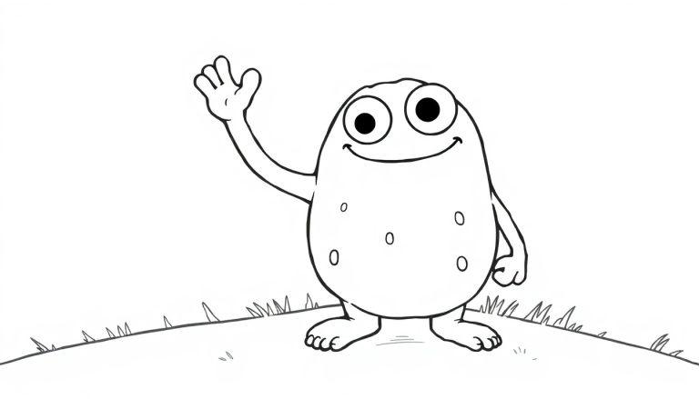Eine schwarz-weiße Cartoon-Kartoffel mit großen Augen und einem freundlichen Lächeln, die auf einem Hügel steht und winkt, bereit zum Ausmalen als Farbtafel.