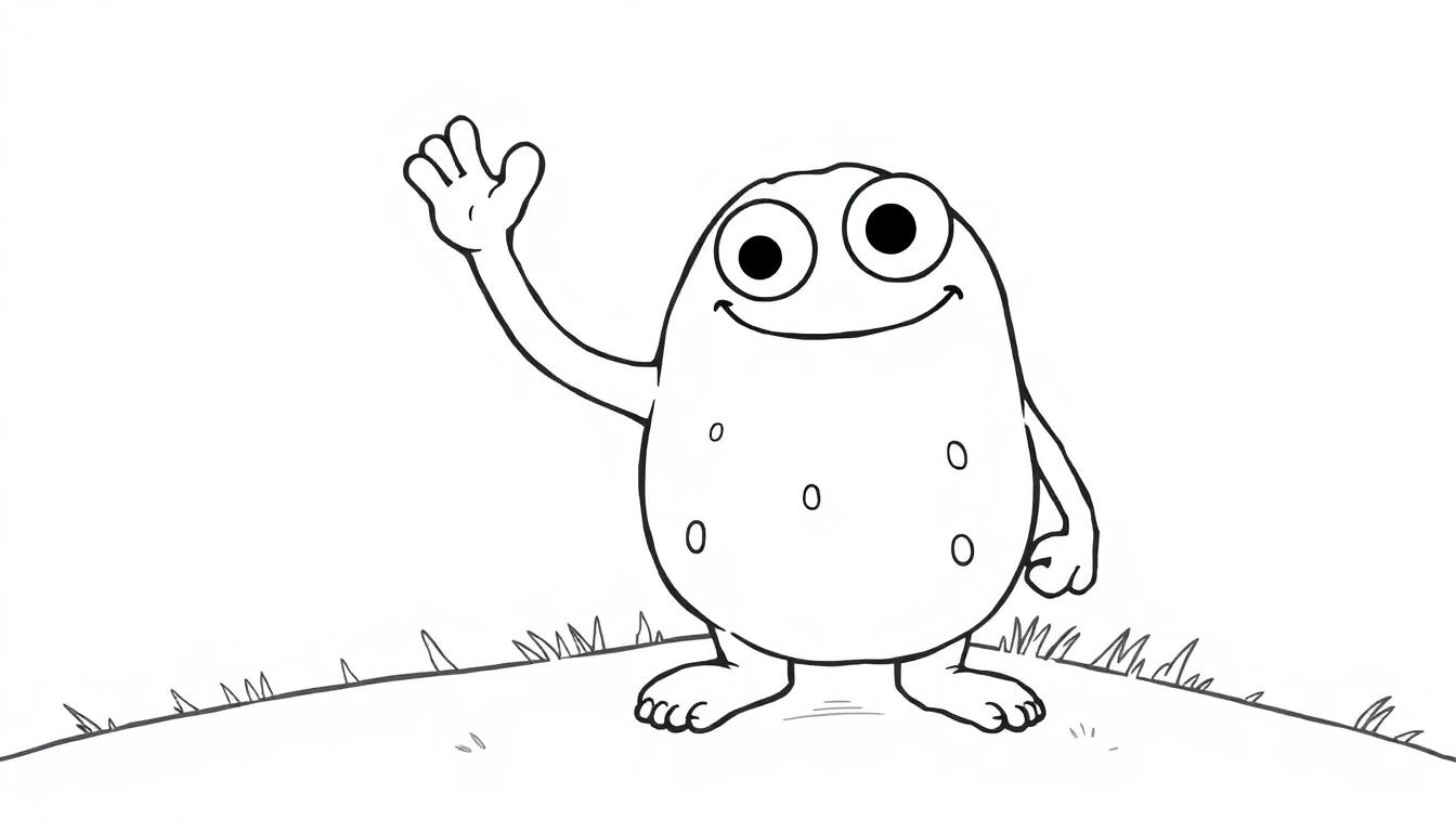 Eine schwarz-weiße Cartoon-Kartoffel mit großen Augen und einem freundlichen Lächeln, die auf einem Hügel steht und winkt, bereit zum Ausmalen als Farbtafel.