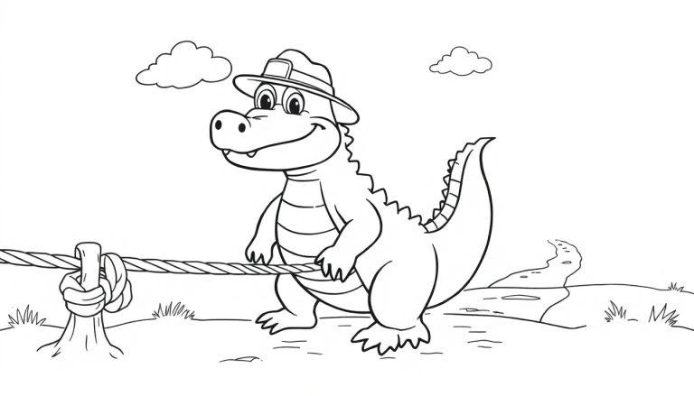 Ein Cartoon-Krokodil in einem Hütchen, das ein Seil hält, bereit zum Ausmalen, Farbtafel.