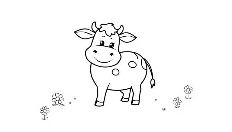 Eine lustige Cartoon-Kuh mit schwarzen Umrissen auf einem weißen Hintergrund, bereit zum Ausmalen als Farbtafel.