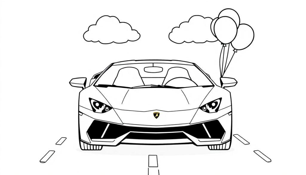 Ein schwarzer und weißer Lamborghini Sportwagen mit drei bunten Luftballons daneben, bereit für eine Farbtafel.