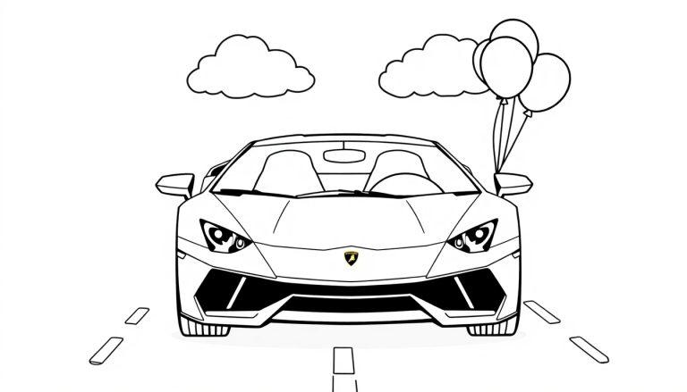 Ein schwarzer und weißer Lamborghini Sportwagen mit drei bunten Luftballons daneben, bereit für eine Farbtafel.