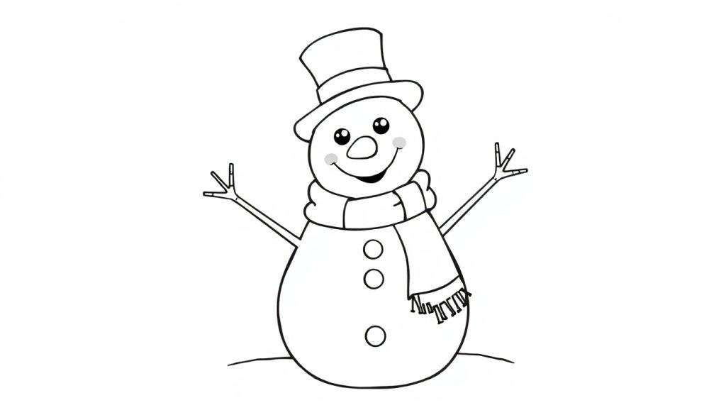 Schwarz-weiße Farbtafel-Zeichnung eines lächelnden Schneemanns mit Hut, Schal und Zweigarmen, bereit zum Ausmalen.