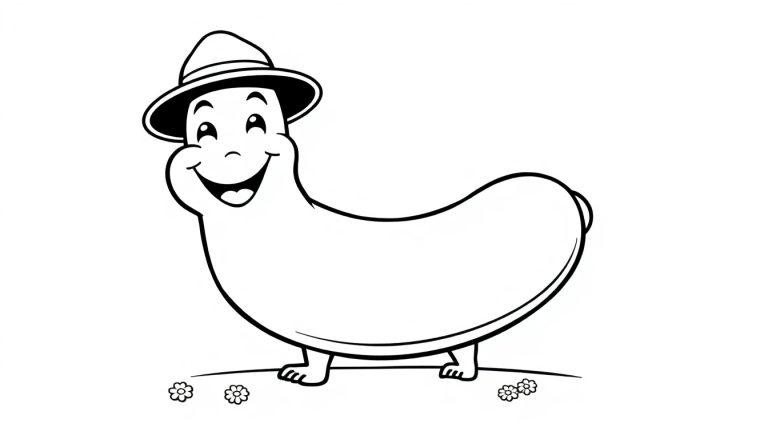 Eine fröhliche Cartoon-Wurst mit Hut, die auf einem blumengeschmückten Hügel steht, bereit zum Ausmalen als Farbtafel.
