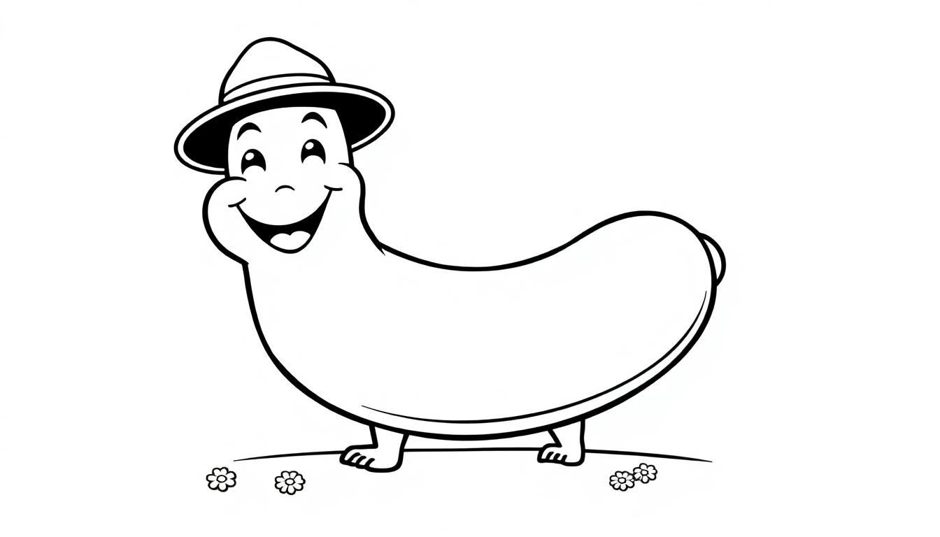 Eine fröhliche Cartoon-Wurst mit Hut, die auf einem blumengeschmückten Hügel steht, bereit zum Ausmalen als Farbtafel.