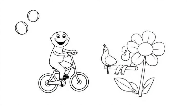 Schwarz-weiße Farbtafel mit einer fröhlichen Cartoonfigur auf einem Fahrrad, Seifenblasen und einer Blume mit einem Vogel.