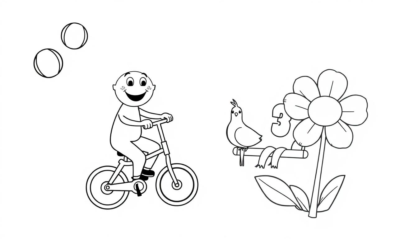 Schwarz-weiße Farbtafel mit einer fröhlichen Cartoonfigur auf einem Fahrrad, Seifenblasen und einer Blume mit einem Vogel.