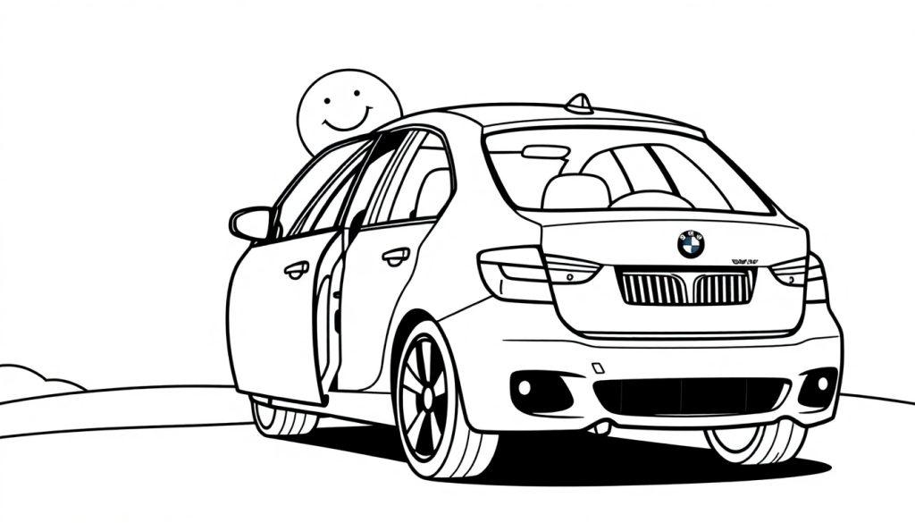 Schwarz-weiße Farbtafel eines lustigen BMW-Autos mit offenem Kofferraum und einem Smiley auf dem Dach.