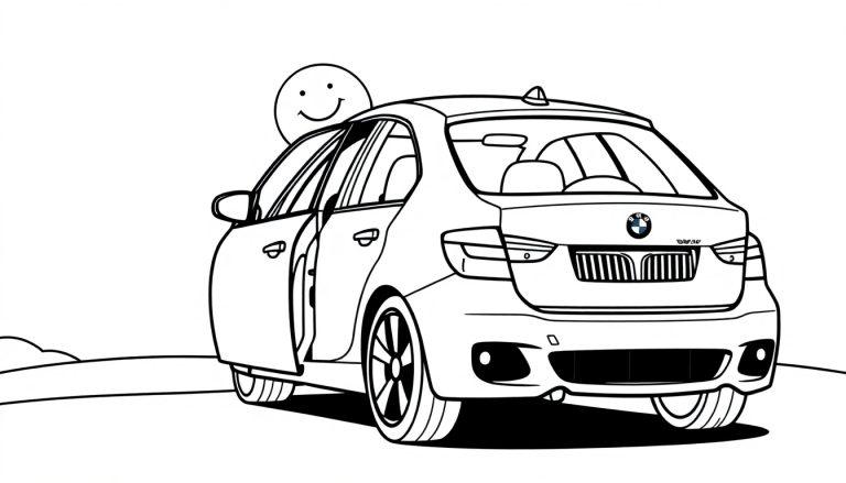 Schwarz-weiße Farbtafel eines lustigen BMW-Autos mit offenem Kofferraum und einem Smiley auf dem Dach.