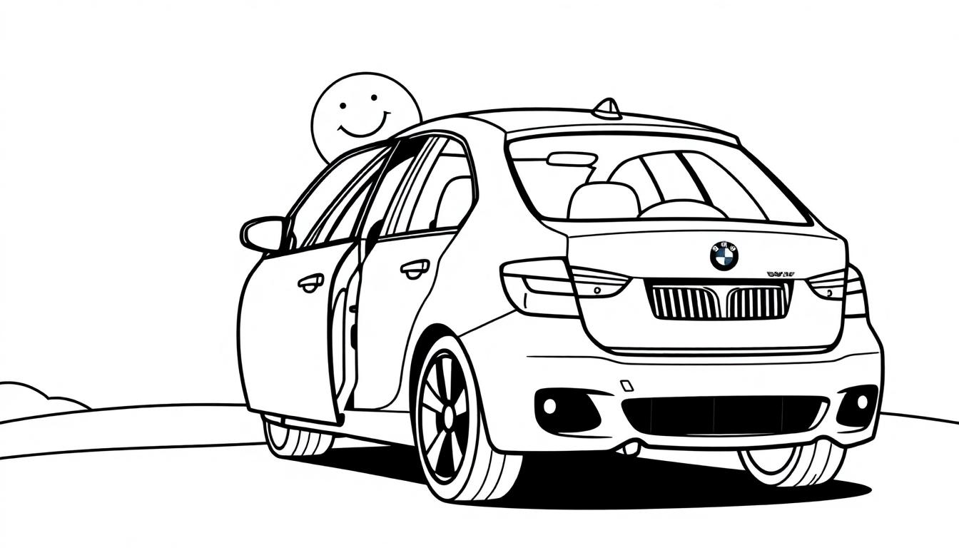 Schwarz-weiße Farbtafel eines lustigen BMW-Autos mit offenem Kofferraum und einem Smiley auf dem Dach.