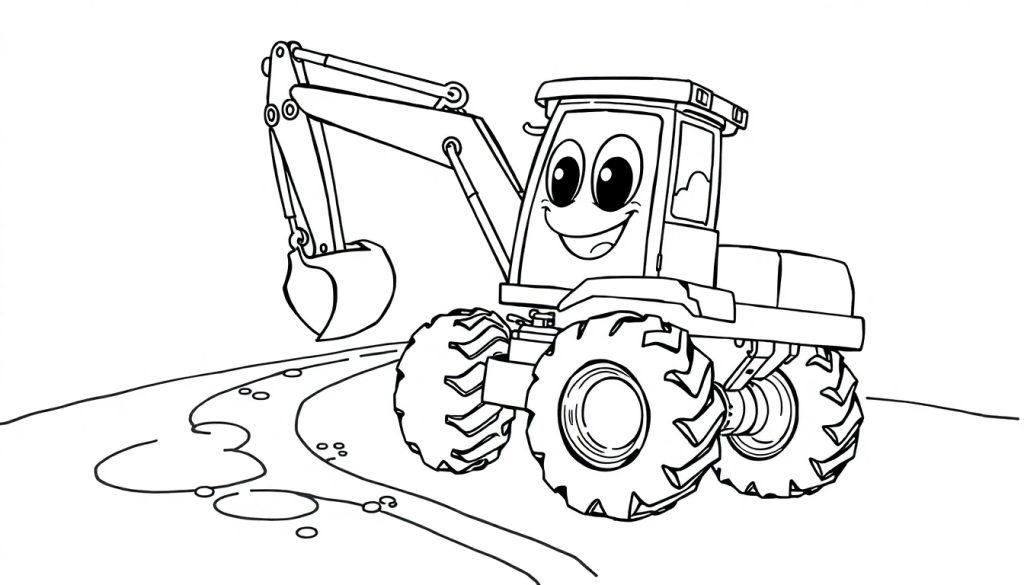 Ein fröhlicher Cartoon-Bagger mit großen Reifen auf einer Farbtafel.
