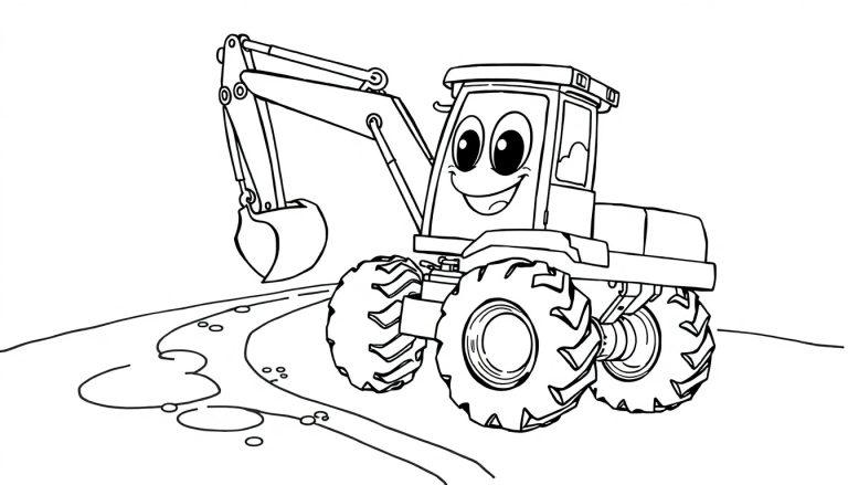 Ein fröhlicher Cartoon-Bagger mit großen Reifen auf einer Farbtafel.