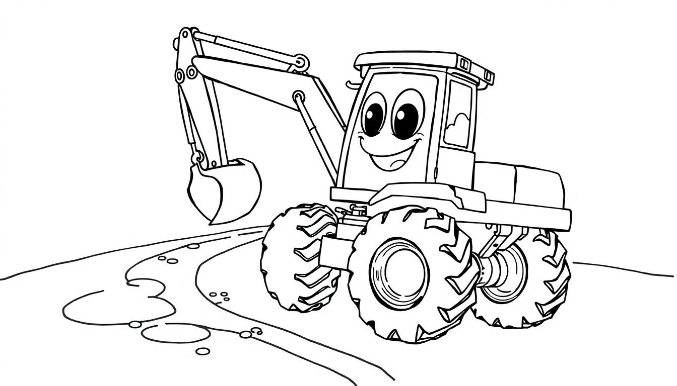 Ein fröhlicher Cartoon-Bagger mit großen Reifen auf einer Farbtafel.