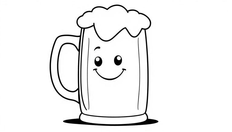 Schwarz-Weiß-Farbtafel eines fröhlichen Cartoon-Bierkrugs mit einem Gesicht.