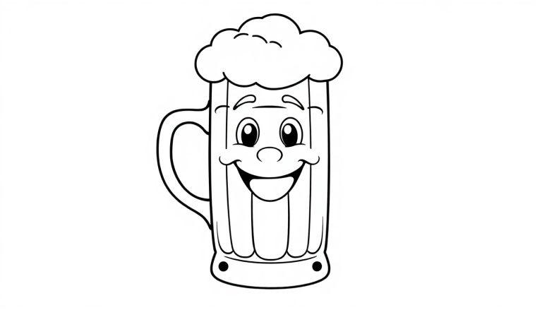 Eine Schwarz-Weiß-Farbtafel eines fröhlichen Bierkrugs mit einem freundlichen Gesicht.