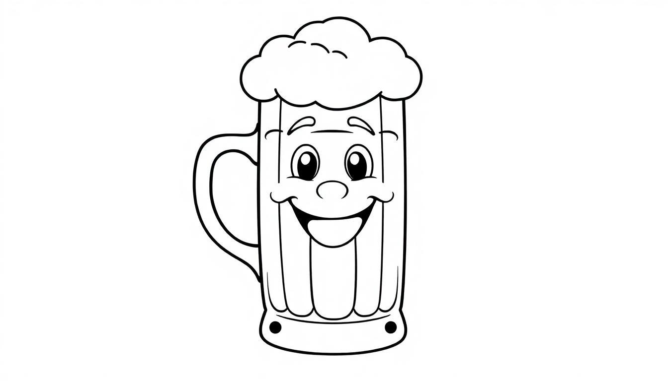 Eine Schwarz-Weiß-Farbtafel eines fröhlichen Bierkrugs mit einem freundlichen Gesicht.