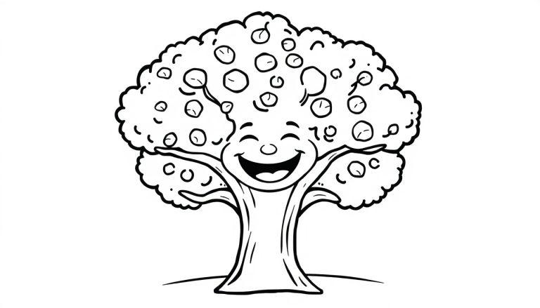 Cartoon-Farbtafel eines lächelnden Baumes mit Früchten.