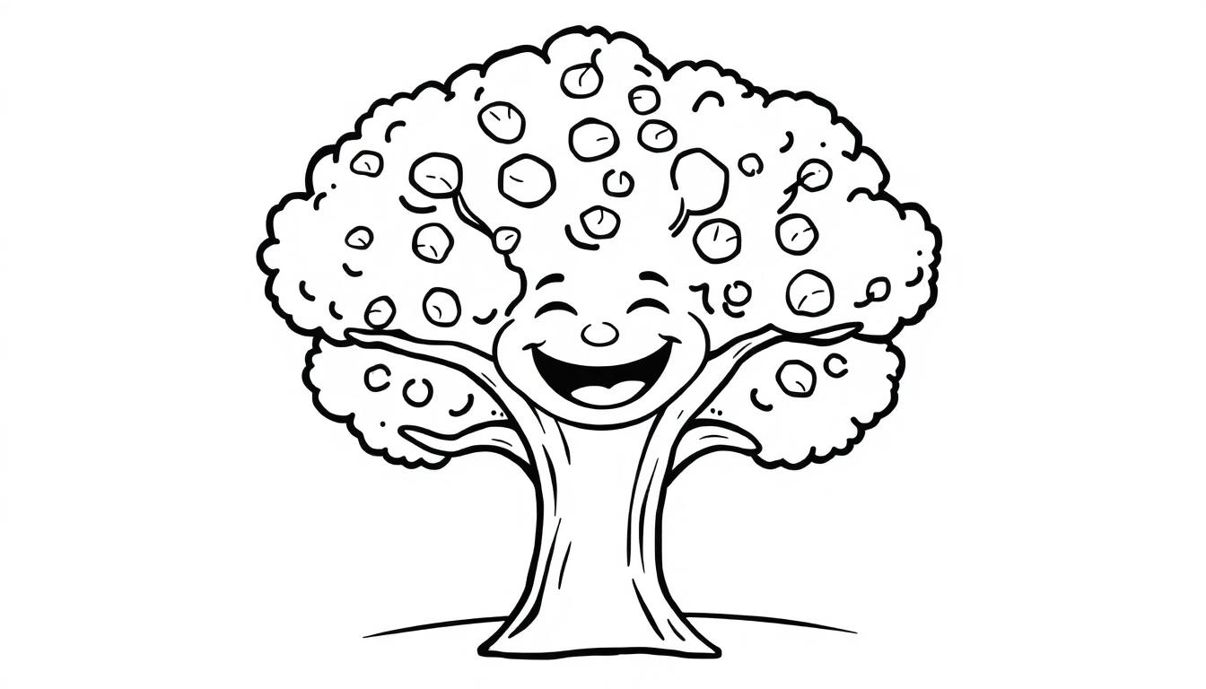 Cartoon-Farbtafel eines lächelnden Baumes mit Früchten.