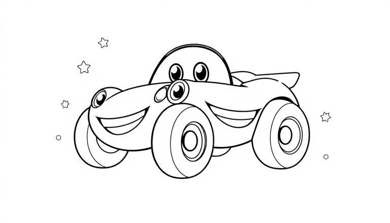 Schwarz-weißer Cartoon-Rennwagen als Farbtafel mit freundlichem Gesicht.