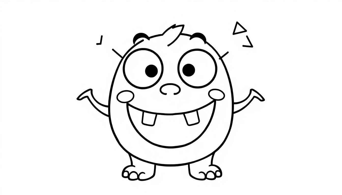 Eine Farbtafel eines lustigen Cartoon-Monsters mit großen Augen und einem breiten Grinsen, gezeichnet mit dicken schwarzen Linien.