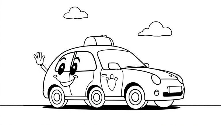 Cartoon-Polizeiauto zum Ausmalen, winkt und lächelt.