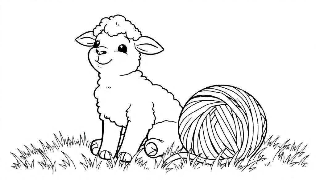 Schwarz-weiße Farbtafel eines niedlichen Cartoon-Schafes, das neben einem Wollknäuel im Gras sitzt, zum Ausmalen für Kinder.