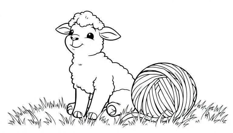 Schwarz-weiße Farbtafel eines niedlichen Cartoon-Schafes, das neben einem Wollknäuel im Gras sitzt, zum Ausmalen für Kinder.