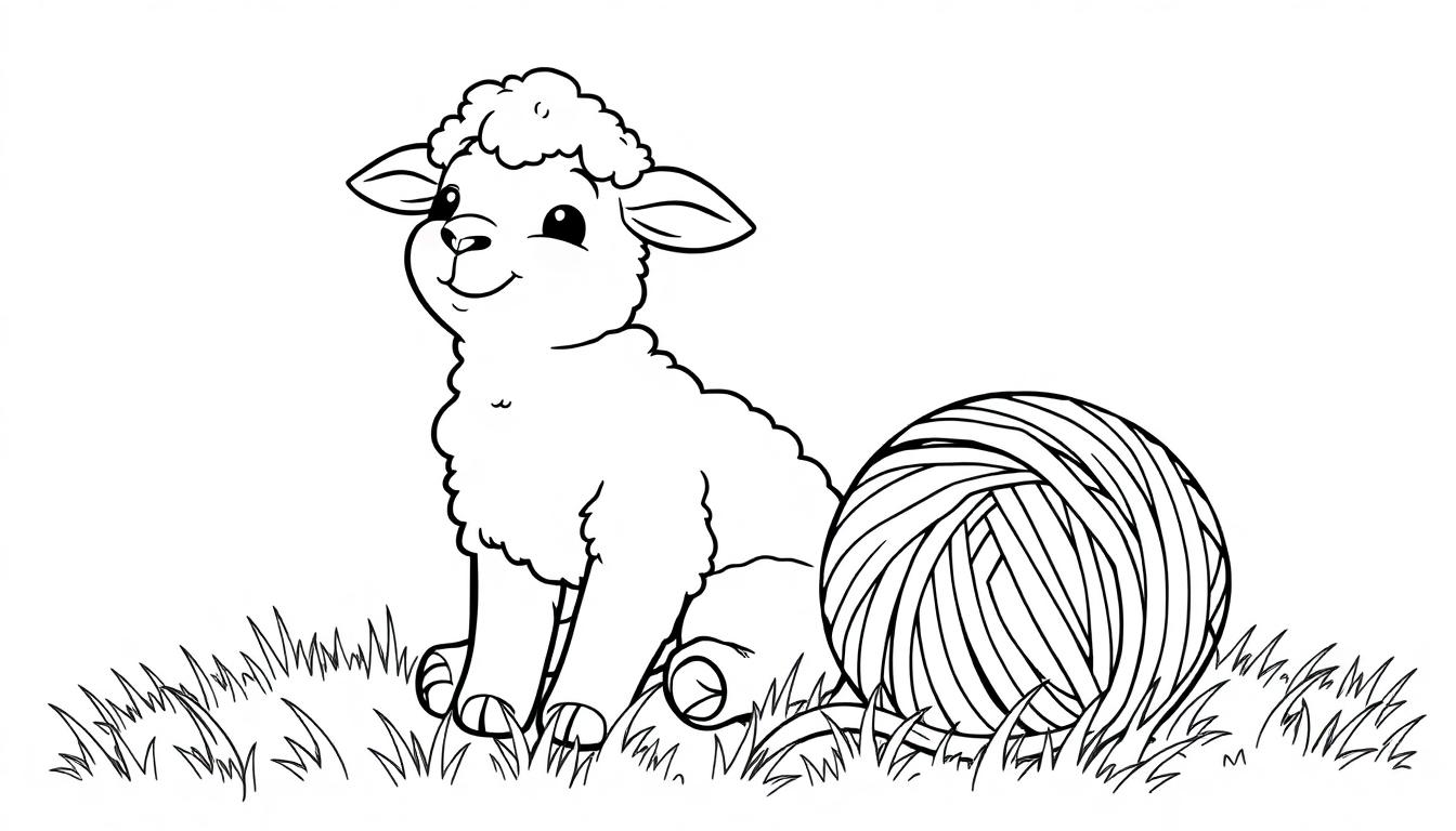 Schwarz-weiße Farbtafel eines niedlichen Cartoon-Schafes, das neben einem Wollknäuel im Gras sitzt, zum Ausmalen für Kinder.
