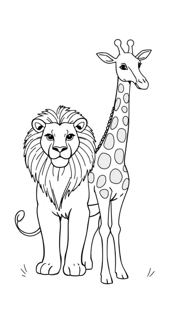 Schwarz-weiße Zeichnung eines majestätischen Löwen und einer schlanken Giraffe, die nebeneinander stehen.