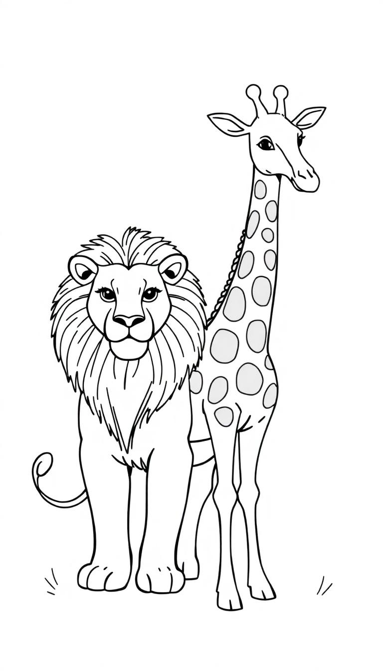 Schwarz-weiße Zeichnung eines majestätischen Löwen und einer schlanken Giraffe, die nebeneinander stehen.