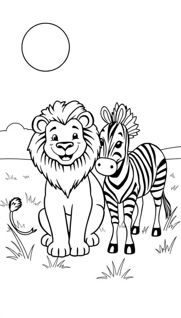 Ein freundlicher Löwe und ein Zebra sitzen nebeneinander auf einer sonnigen Grasfläche.