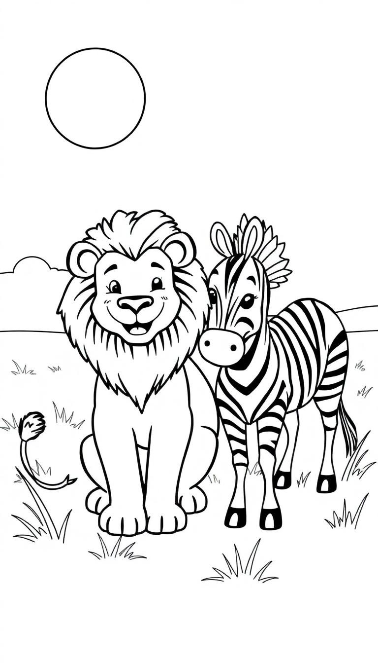 Ein freundlicher Löwe und ein Zebra sitzen nebeneinander auf einer sonnigen Grasfläche.
