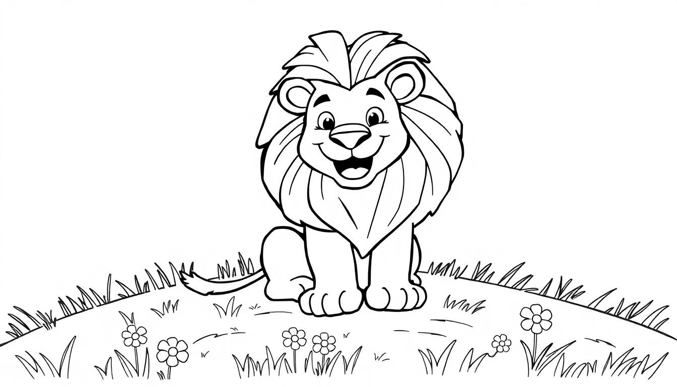 Eine Farbtafel-Zeichnung eines freundlichen Cartoon-Löwen mit einer großen Mähne, der in einem grasbewachsenen Feld mit Blumen sitzt.