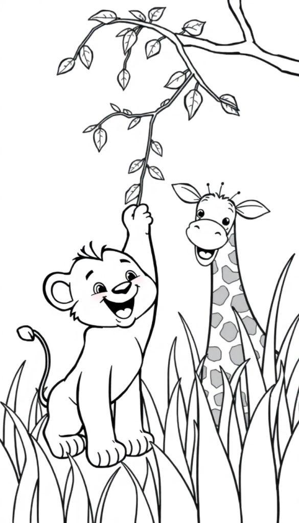 Ein Löwenwelpe versucht, einen Ast mit Blättern zu erreichen, während eine Giraffe hinter ihm grinst.
